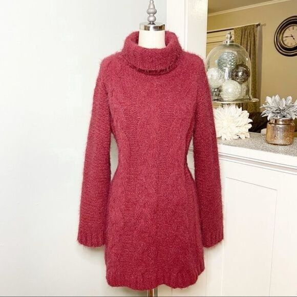 Lulu’s Joyous Cable Knit Turtleneck Sweater Dress Red Maroon Medium - Picture 5 of 12